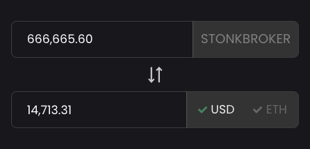A converter showing 666,665.60 STONKBROKER equals 14,713.31 USD, illustrating the post's point that since 666,666 STONKBROKER tokens equal one NFT, traders can exploit arbitrage by purchasing StonkBroker NFTs at a $4.4K discount or $800 below floor price.
