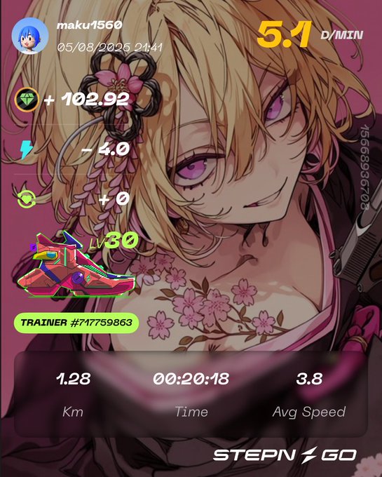 A STEPN GO fitness app screenshot showing a user's workout stats (1.28 Km, 00:20:18 time, 3.8 Avg Speed) over an anime-style character with pink eyes and floral accessories, displaying an NFT sneaker.
