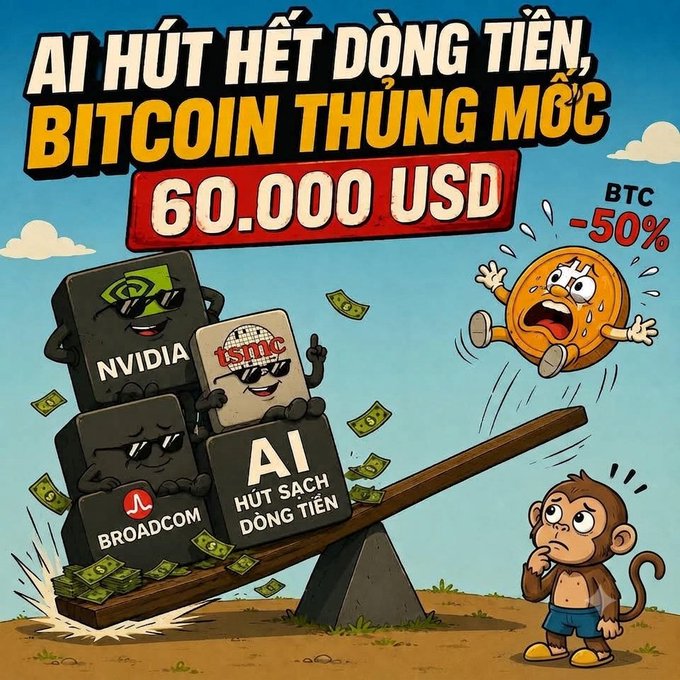 A cartoon illustration shows a seesaw tilted heavily toward a stack of blocks labeled "NVIDIA," "TSMC," "BROADCOM," and "AI HÚT SẠCH DÒNG TIỀN" (AI drains all cash flow), launching a panicked Bitcoin coin ("BTC -50%") into the air while a shocked monkey watches. The Vietnamese headline reads "AI HÚT HẾT DÒNG TIỀN, BITCOIN THỦNG MỐC 60.000 USD" (AI drains all capital, Bitcoin breaks the $60,000 mark), visually illustrating how AI-driven tech stocks are siphoning investment away from crypto.