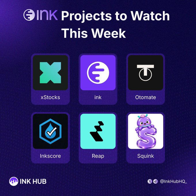 An infographic titled "INK Projects to Watch This Week" featuring icons for xStocks, ink, Otomate, Inkscore, Reap, and Squink, branded with "INK HUB" and Twitter handle "@InkHubHQ".