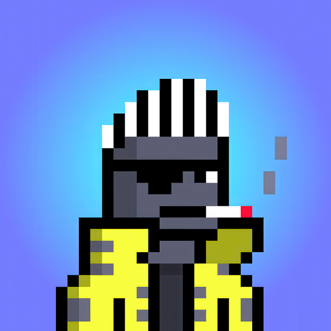 A pixel art depiction of a bearded figure wearing a yellow hazmat-style suit with a striped helmet and a cigarette in his mouth, set against a blue background.
