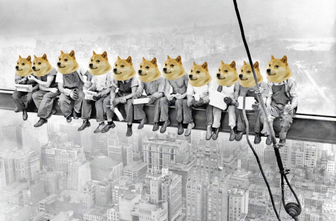 The image features a group of nine dogs sitting on top of a building, with each dog wearing a hat or mask. The dogs are arranged in two rows, with four dogs in the front row and five dogs in the back row. They appear to be posing for a photo while sitting on the roof of a skyscraper.

The image also includes text that reads "Focus on what is in the image & how it relates to the post @MyDogeOfficial & @DogeOS". This suggests that there might be some connection between the dogs and the Dogecoin community, possibly related to an event or promotion involving the cryptocurrency.