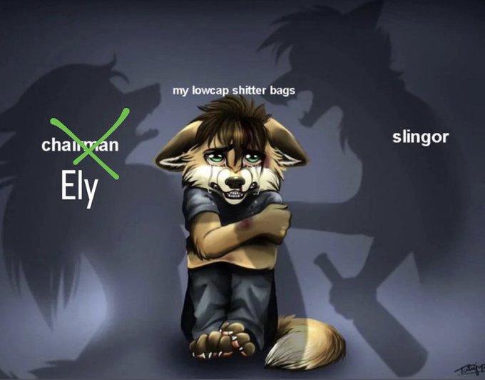 A furry/anthro character with crossed arms is labeled "my lowcap shitter bags" while two menacing shadow figures loom behind it — one labeled "chairman Ely" (crossed out in green X) and another "slingor" — visually representing the poster as the lone top holder after all the other shareholders/creators abandoned their low-cap token projects.