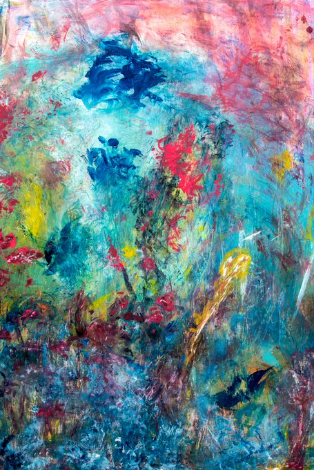 An abstract expressionist painting featuring vibrant splashes and swirls of red, blue, turquoise, and yellow paint layered across the canvas.