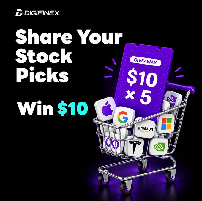 A promotional graphic for Digifinex featuring the text "Share Your Stock Picks, Win $10" alongside a 3D shopping cart filled with a "$10 x 5 GIVEAWAY" voucher and tech company logos including Apple, Google, Amazon, and Microsoft.