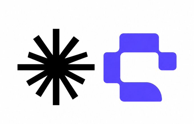 Two minimalist digital icons on a white background: a black asterisk-like starburst and a purple geometric puzzle-piece logo.