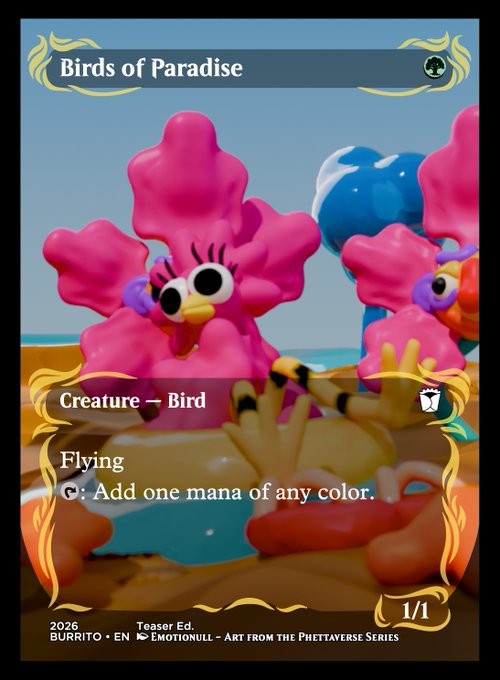 A Magic: The Gathering style trading card titled 'Birds of Paradise' (Creature — Bird, Flying) with the ability 'T: Add one mana of any color,' illustrated with a cartoonish pink bird figure.