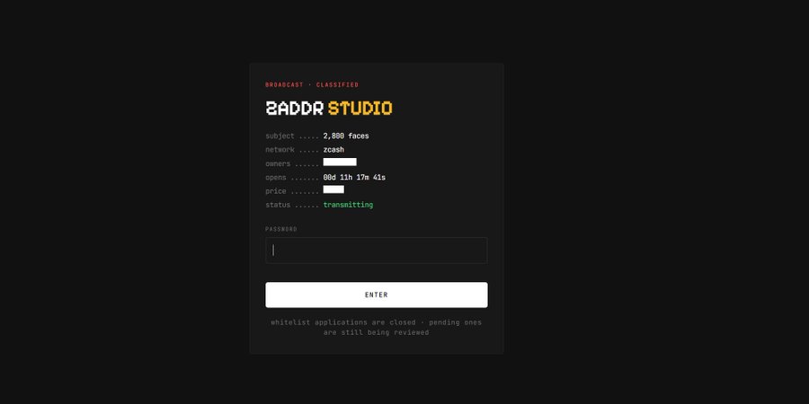 The image shows a login screen for "zaddr studio" marked as "BROADCAST - CLASSIFIED," displaying details such as "subject: 2,800 faces," "network: zcash," "opens: 00d 11h 17m 41s," and "status: transmitting," with a password field and an "ENTER" button below. This appears to be the entry page referenced for accessing the zcash NFT minting mentioned in the post, where users are directed to bind their address before the 9 PM mint tonight at a price of 0.02 $ZEC.