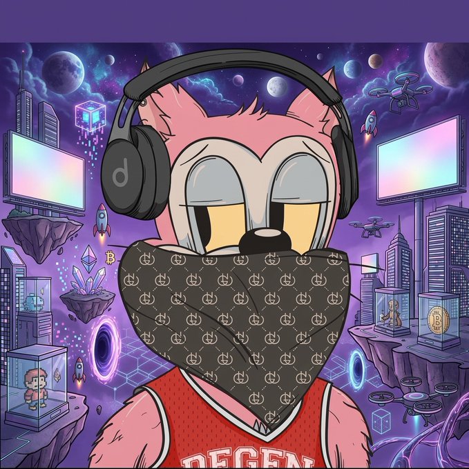 A pink cartoon fox with half-lidded eyes wears headphones and a Gucci-patterned bandana covering its face, with a "DEGEN" jersey visible below. The vibrant cosmic background features floating islands with monitors, rockets, drones, Bitcoin icons, and NFT displays, capturing the "degen" crypto/trading lifestyle that mirrors the post's message about holding long-term conviction while markets move fast.