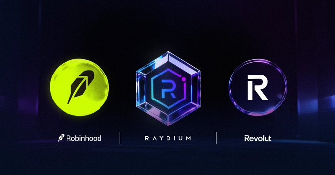 A 3x3 grid of logos representing Robinhood, Raydium, and Revolut are shown against a black background with varying colors, suggesting they belong to different cryptocurrency exchanges or trading platforms. The text within the image provides information about these companies and their recent developments in the cryptocurrency market, emphasizing that market access matters as it is evident from the rapid growth of certain cryptocurrency assets.