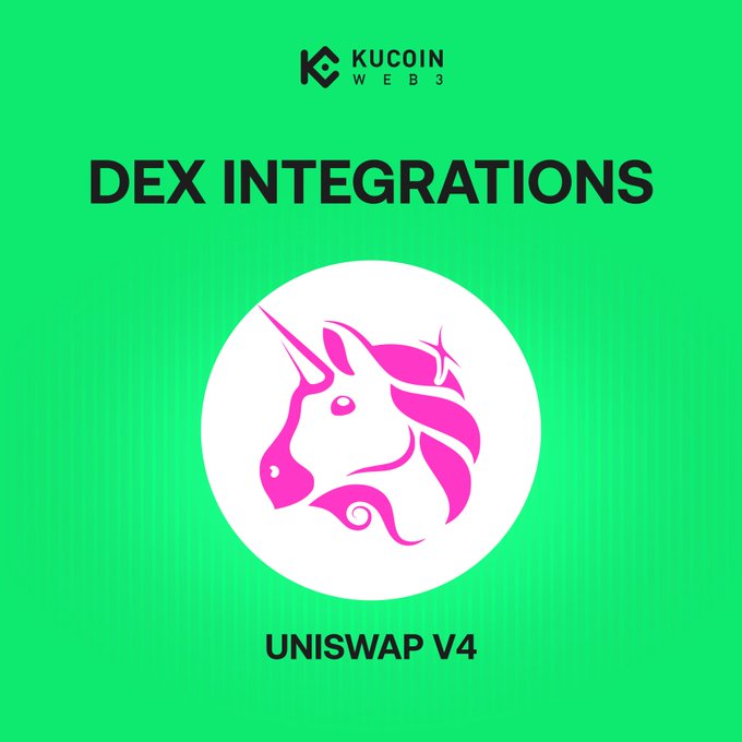 The image features a green background with a pink unicorn logo, which is part of an advertisement for Uniswap V4. The text "DEX Integrations" is written above the unicorn logo, indicating that this is related to the integration of Decimals into the system. The post also mentions that the KuCoin Web3 Swap is now live on KuCoin Web3 Wallet and provides details about how it can be used for smoother swaps.
