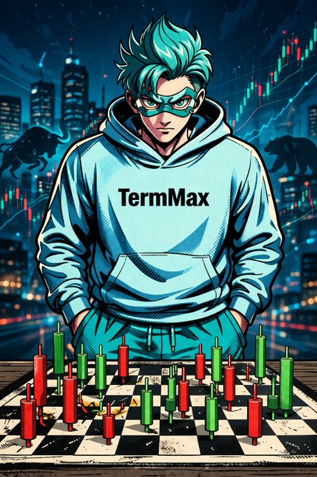 An anime/manga-style illustration of a character with teal hair and mask wearing a 'TermMax' hoodie, standing behind a chessboard with red and green trading candles as the chess pieces, set against a city skyline and bear silhouettes.
