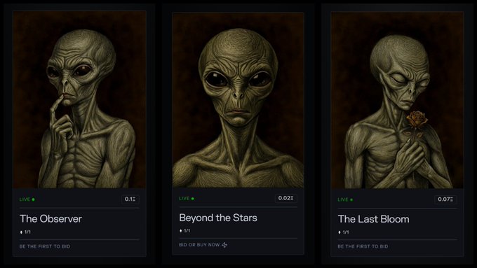 Three NFT-style digital art cards titled 'The Observer', 'Beyond the Stars', and 'The Last Bloom' featuring alien-like figures, each marked 'LIVE' and 'BE THE FIRST TO BID'.