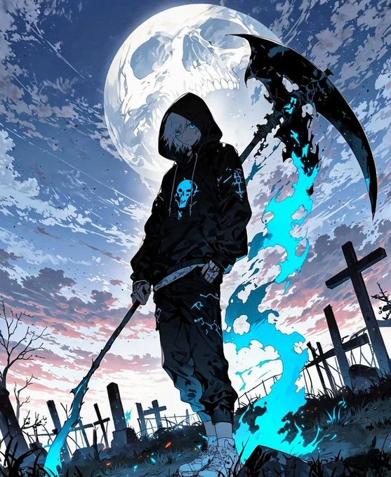 An anime-style illustration shows a hooded grim reaper figure wielding a scythe wreathed in blue flames, standing before crosses with a giant skull moon behind.