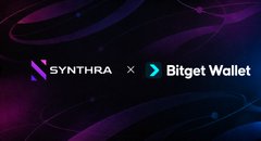 A promotional graphic featuring the Synthra and Bitget Wallet logos with an 'x' between them, set against a dark purple and pink abstract background.
