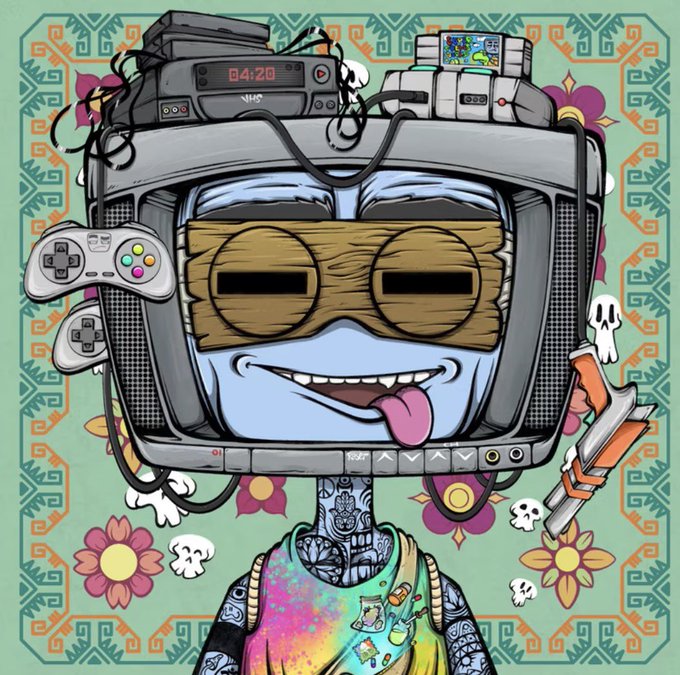 A stylized cartoon illustration of a character with a CRT television for a head, displaying a VHS tape timecode '04:20', wooden slotted goggles, a colorful tank top, and surrounded by flowers, skulls, and gaming console icons.