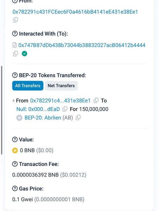 The image shows a BscScan transaction confirmation detailing a BEP-20 token transfer where 150,000,000 Abrlien (AB) tokens were sent from address 0x782291c431FCEec6F0a4616bB4141e431e38Ee1 to a burn address (Null: 0x000...dEaD), supporting the post's claim that "#AB Just burned 150M (15%)."