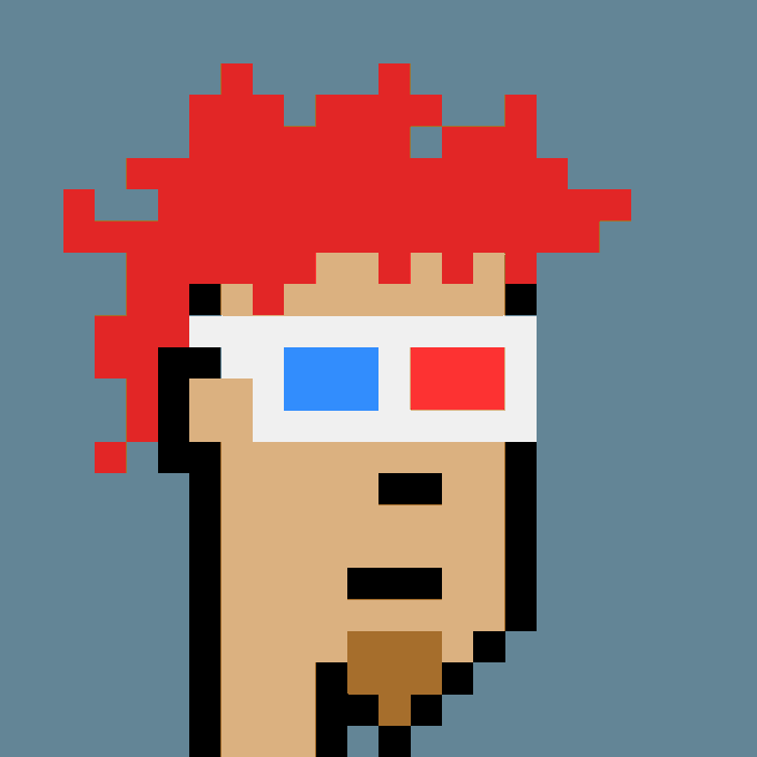 A pixel art portrait of a character with red hair wearing red and blue 3D glasses against a gray background.