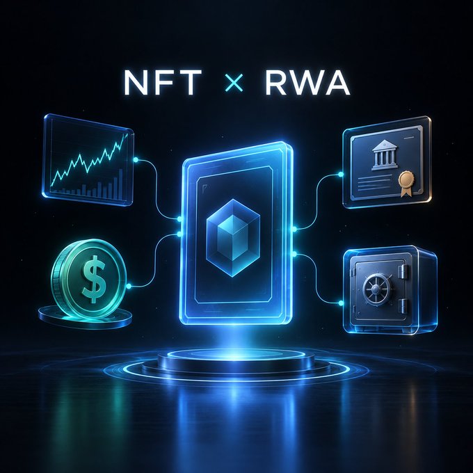 A digital illustration with a dark background showcasing 'NFT × RWA' text above a glowing blue digital tablet, surrounded by icons of a stock chart, a bank certificate, a coin, and a safe.