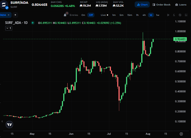A TradingView chart displays the SURF/ADA trading pair with a current price of 0.924403, showing a 24-hour change of +6.48%, market cap of 19.2M, and liquidity of 1.73M. The candlestick chart reveals significant price growth from May through August, with a notable dip in July followed by recovery.