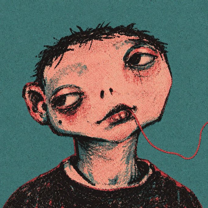 A stylized digital illustration of a pale, wide-eyed figure with messy black hair against a teal background, with a red thread dangling from their mouth—evoking a distorted, melancholic "misft" aesthetic that aligns with the GenSociety PFP collection's identity for "collectors, builders, and misfits."