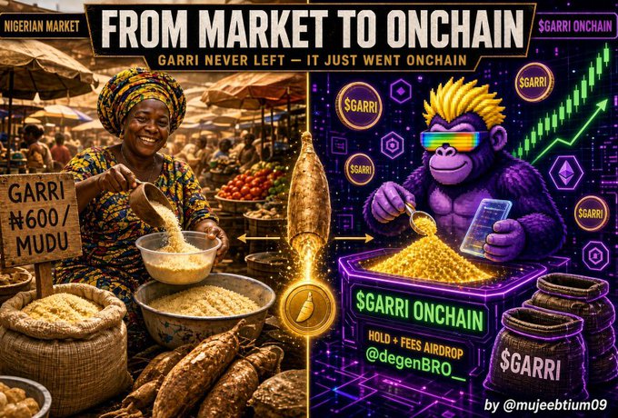 A promotional graphic titled 'FROM MARKET TO ONCHAIN - GARRI NEVER LEFT — IT JUST WENT ONCHAIN', showing a Nigerian woman selling garri on the left and a purple gorilla character promoting '$GARRI ONCHAIN' token on the right, with the handle '@degenBRO' and 'by @mujeebtium09'.