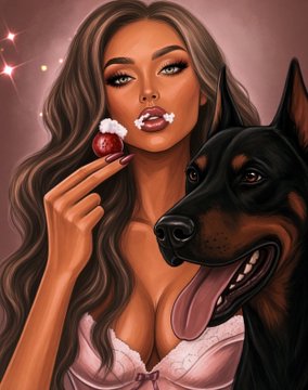 A digital illustration of a woman eating a cherry next to a Doberman Pinscher dog.