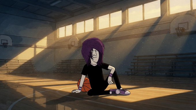 An animated illustration of a character with long purple hair sitting on a basketball court floor holding a basketball, with golden sunlight streaming through high gym windows.