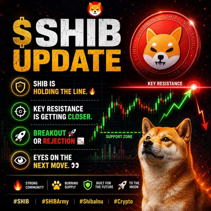 A 'SHIB UPDATE' promotional graphic featuring Shiba Inu coin, a Shiba dog, candlestick charts, and messages about 'KEY RESISTANCE', 'BREAKOUT OR REJECTION', and 'SUPPORT ZONE', along with hashtags #SHIB, #SHIBArmy, #Shibainu, #Crypto.