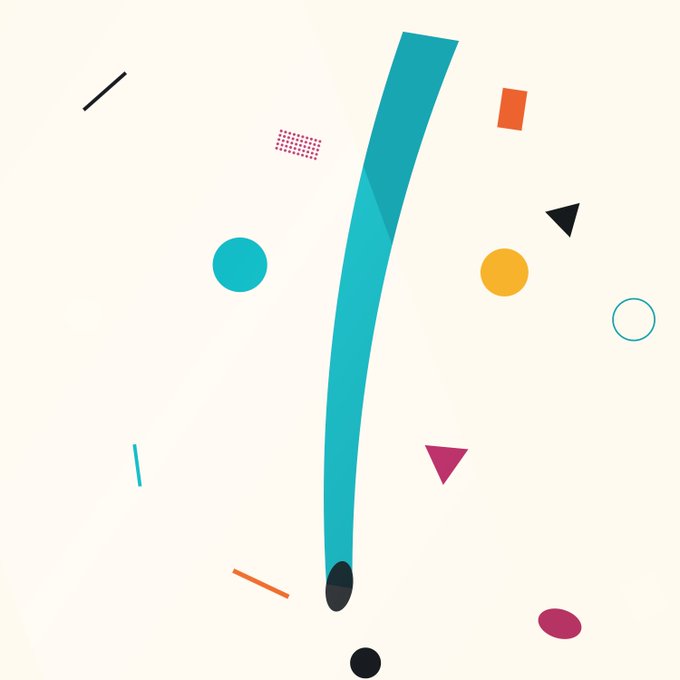 An abstract graphic design on a white background featuring a large teal exclamation mark surrounded by various colorful geometric shapes including circles, triangles, and rectangles in orange, pink, yellow, and black.