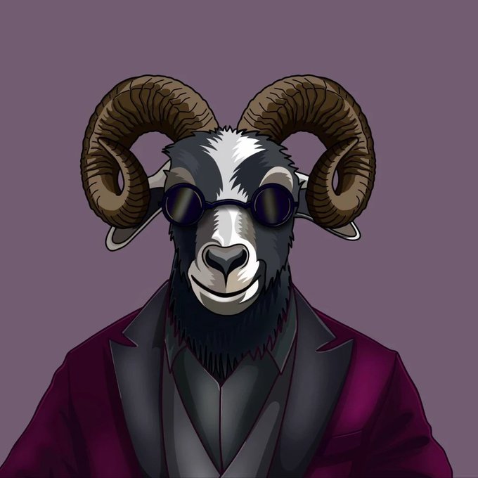 An anthropomorphic goat wearing round sunglasses and a deep purple suit jacket smiles confidently against a muted purple background, visually embodying the "GOAT" cryptocurrency being promoted in the post. The image serves as a mascot-style representation of the $GOAT token, whose market success, holder count, and exchange listings are highlighted.