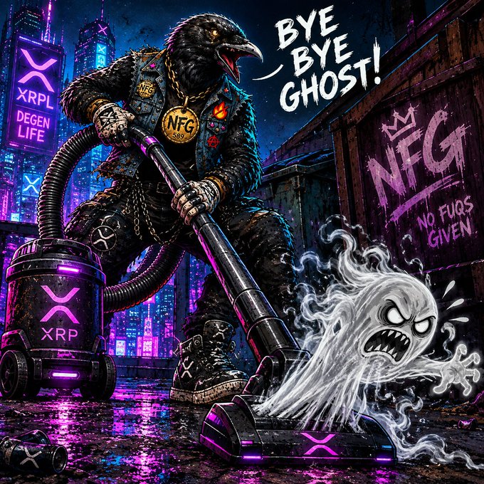 An edgy digital illustration shows a crow-headed figure vacuuming up an angry ghost in a neon-lit city, with text reading 'BYE BYE GHOST!', 'NFG NO FUQS GIVEN', and XRP/XRPL branding.