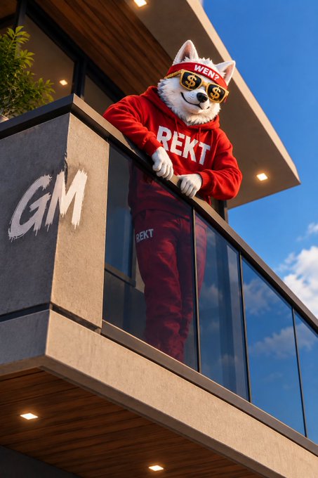 An anthropomorphic dog character wearing a red 'REKT' hoodie, matching sweatpants, and 'WEN' sunglasses with dollar sign eyes, leaning on a modern balcony railing with 'GM' graffiti on the wall.