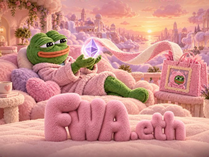 A whimsical digital illustration of a green Pepe the Frog character lounging in a fluffy pink robe, holding a glowing purple crystal, with pink fluffy text reading 'FLIP.ETH' and a matching pink handbag in a dreamy pastel cityscape.