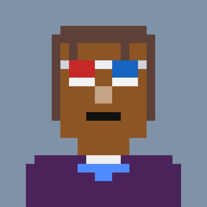 A pixel art portrait of a character with brown skin, short dark hair, and red and blue 3D glasses against a light blue background.