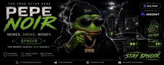 Promotional banner for 'PEPE NOIR' ($PNOIR) cryptocurrency, featuring a stylized Pepe the Frog character smoking a cigar against a dark cityscape, with tagline 'MEMES. SMOKE. MONEY.' and 'THE FROG AFTER DARK', built on Solana and launching on MooniT.