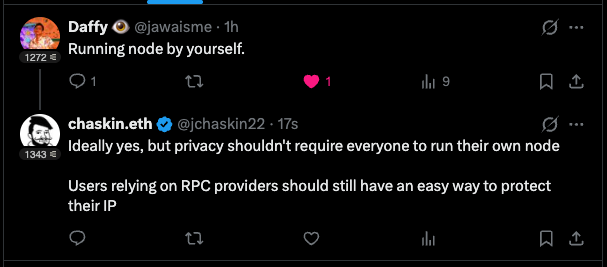 A Twitter/X exchange shows user 'chaskin.eth' (@jchaskin22) replying to 'Daffy' (@jawaime) about privacy, stating 'Ideally yes, but privacy shouldn't require everyone to run their own node. Users relying on RPC providers should still have an easy way to protect their IP.'