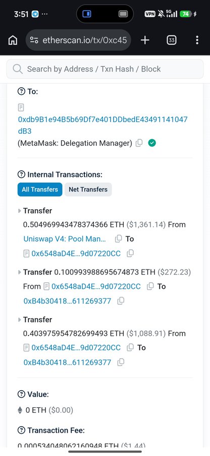 A screenshot of an Etherscan transaction page on etherscan.io/tx/0xc45 showing internal ETH transfers involving a Uniswap V4 Pool Manager address.
