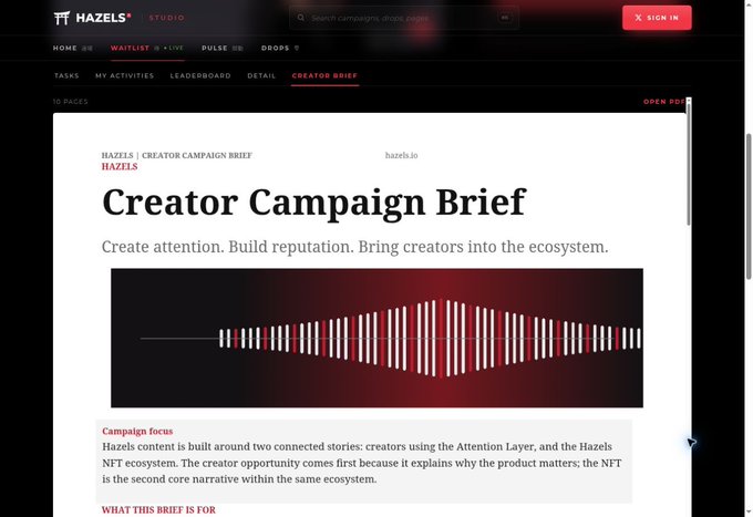 A webpage from Hazels Studio displaying a 'Creator Campaign Brief' with an audio waveform graphic and explanation of the Hazels system built around creators and the NFT ecosystem.