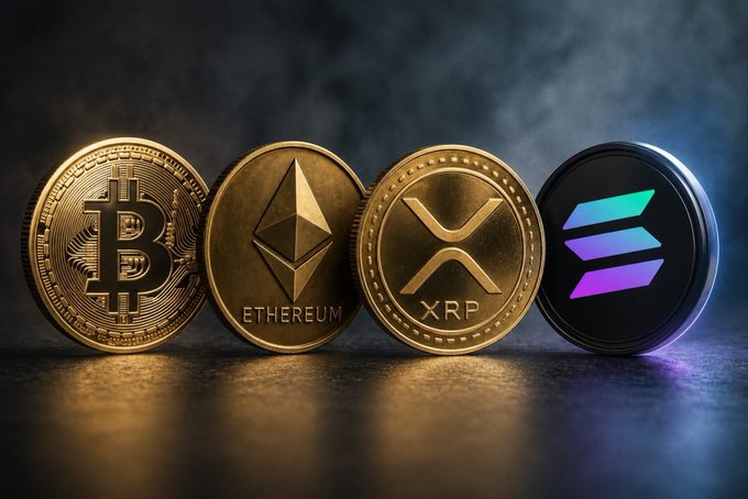 A 3D rendering of four cryptocurrency coins: Bitcoin, Ethereum, XRP, and Solana.