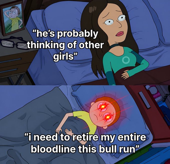 A two-panel meme using characters from Rick and Morty: the top panel shows a worried woman with text 'he's probably thinking of other girls', while the bottom shows Morty with glowing red laser eyes and text 'i need to retire my entire bloodline this bull run'.