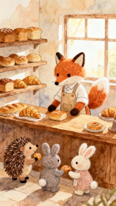A whimsical watercolor illustration of a fox baker serving fresh bread and pastries to a hedgehog and two rabbits in a cozy bakery.
