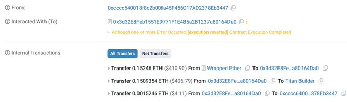 A screenshot of a blockchain transaction record showing ETH transfers between wallet addresses.