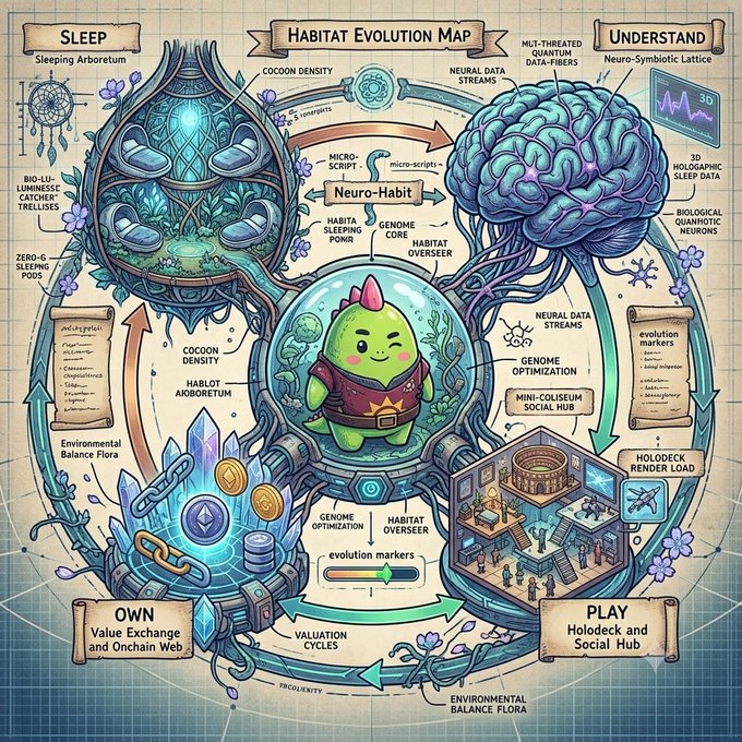 An intricate steampunk-style "Habitat Evolution Map" illustration displays interconnected diagrams with sections labeled "SLEEP," "UNDERSTAND," "OWN," and "PLAY," featuring a cute green dinosaur-like creature in the center.