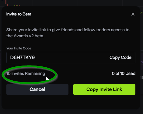 A screenshot of an "Invite to Beta" modal showing an invite code (D6H7TKY9) for the Avantis v2 beta, with 10 invites remaining and 0 of 10 used, matching the context of sharing limited beta access invites to fellow Base traders.