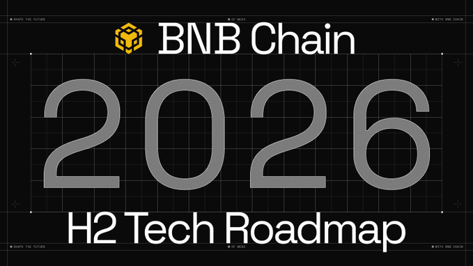 A dark-themed graphic featuring the BNB Chain logo with text reading 'BNB Chain 2026 H2 Tech Roadmap' in large gray and white letters against a grid background.