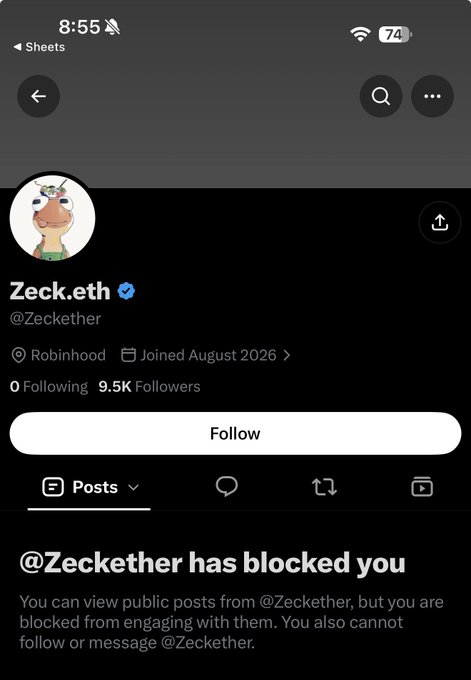 Screenshot of an X/Twitter profile for @Zeckether (Zeck.eth), displaying "9.5K Followers" and a message that "@Zeckether has blocked you," with the accompanying post alleging the account is connected to a recently launched and rugged Robinhood project.