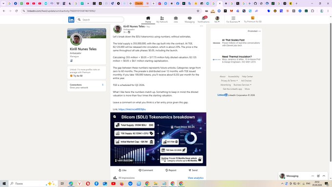 A LinkedIn post by Kirill Nunes Teles about 'SDU Tokenomics' with comments showing a valuation breakdown chart depicting $500M total supply and 20% foundation allocation.