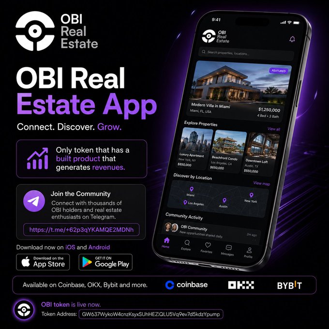The image features a phone with an advertisement for a Real Estate app called "OBI Real Estate App" written on it. The app appears to be focused on connecting users, allowing them to explore property listings, browse real estate services such as property management, and even buy or sell properties through their app. There are several buttons in the image that encourage users to download the app, connect with friends using the messaging platform Telegram, and follow the OBI token live for notifications about the app's functionality updates and new features. The main idea of the advertisement is likely to promote the app by emphasizing its potential benefits and the user experience it offers.