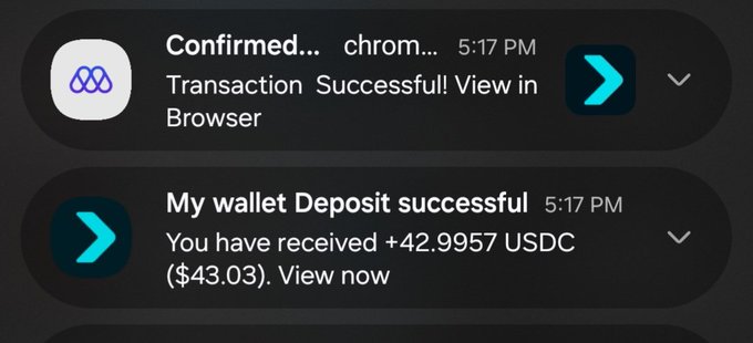 Two mobile phone notification screenshots confirming a successful cryptocurrency transaction, with text reading 'Confirmed... Transaction Successful!' and 'My wallet Deposit successful You have received +42.9957 USDC ($43.03).'